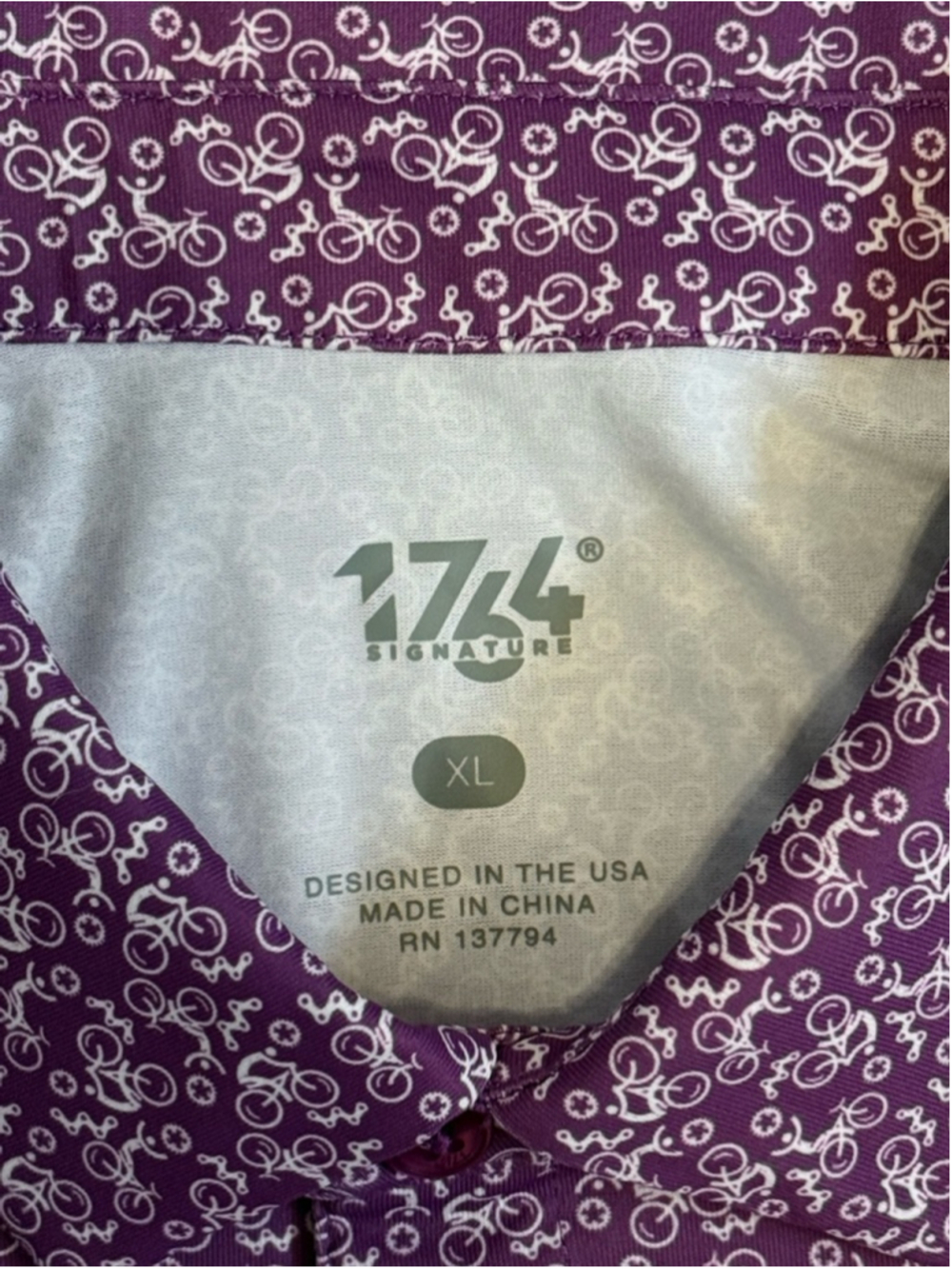 1764 Signature Golf Polo Shirt XL Purple Bicycle Print Performance Short Sleeve - Picture 5 of 8